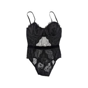 Victoria's Secret Mesh Velvet Teddy Lingerie One Piece Womens 34B Black Sexy